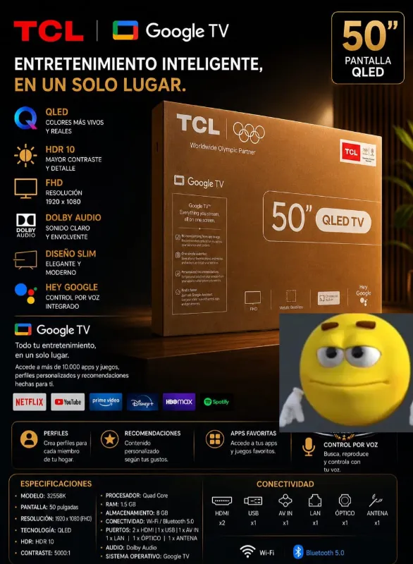 Televisor TCL QLED de 50 pulgadas resolución Full HD (1920x1080) y tecnología HDR 10