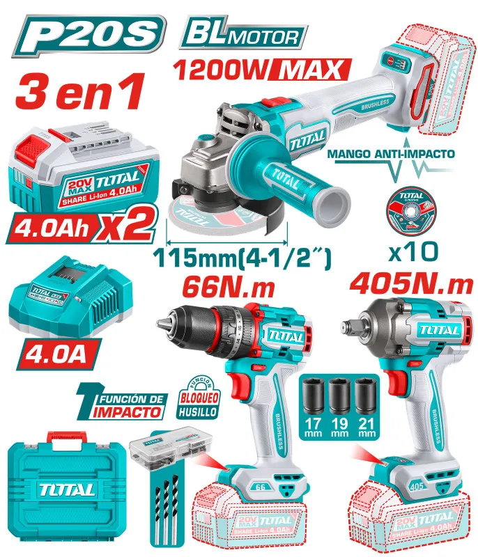 Kit Llave De Impacto + Amoladora + Taladro Total