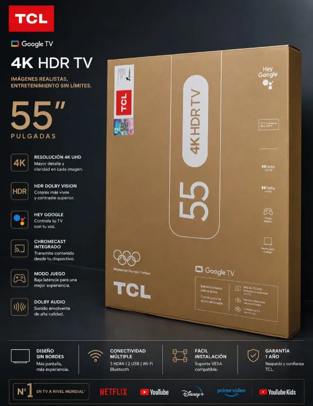 Televisor TCL de 55 pulgadas con resolución 4K HDR y sistema Google TV