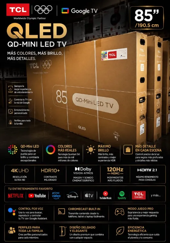 Televisor TCL QD-Mini LED de 85 pulgadas, que utiliza tecnología Quantum Dot para colores más reales y brillo superior