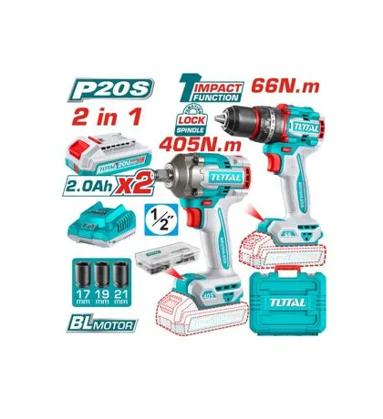 Kit Atornillador De Impacto+ Taladro 20v 2bat+ Carg Total