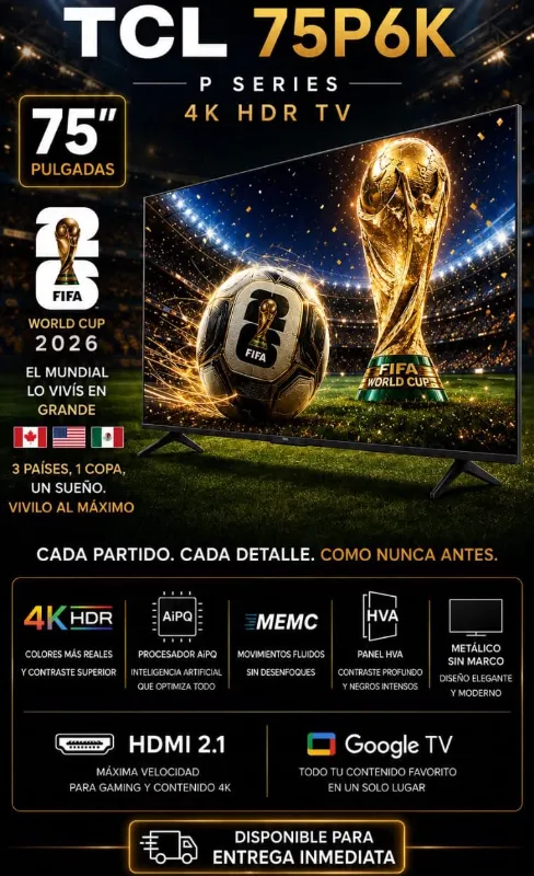 Televisor TCL de la serie P6K de 75 pulgadas con resolución 4K HDR y sistema operativo Google TV