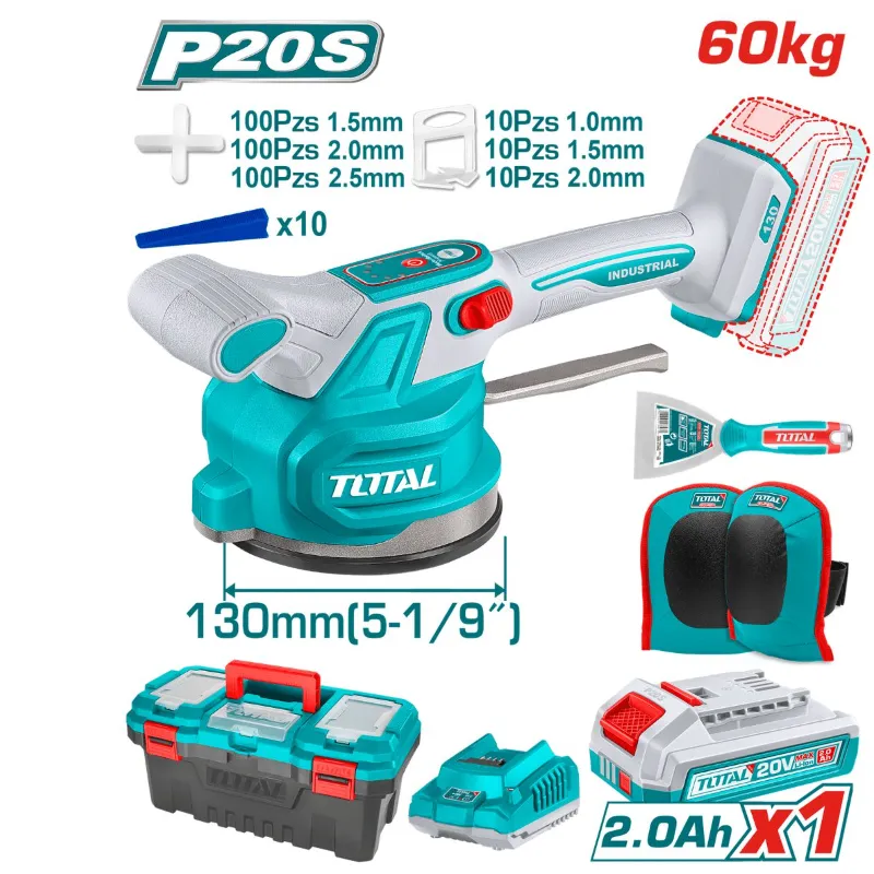 Ventosa Vibradora Total 20v Para Cerámicas, 60kg - Con 1 Batería 2.0ah Litio-ion, Cargador, Rodilleras, Espátula, Espaciadores Y Valija Plástica